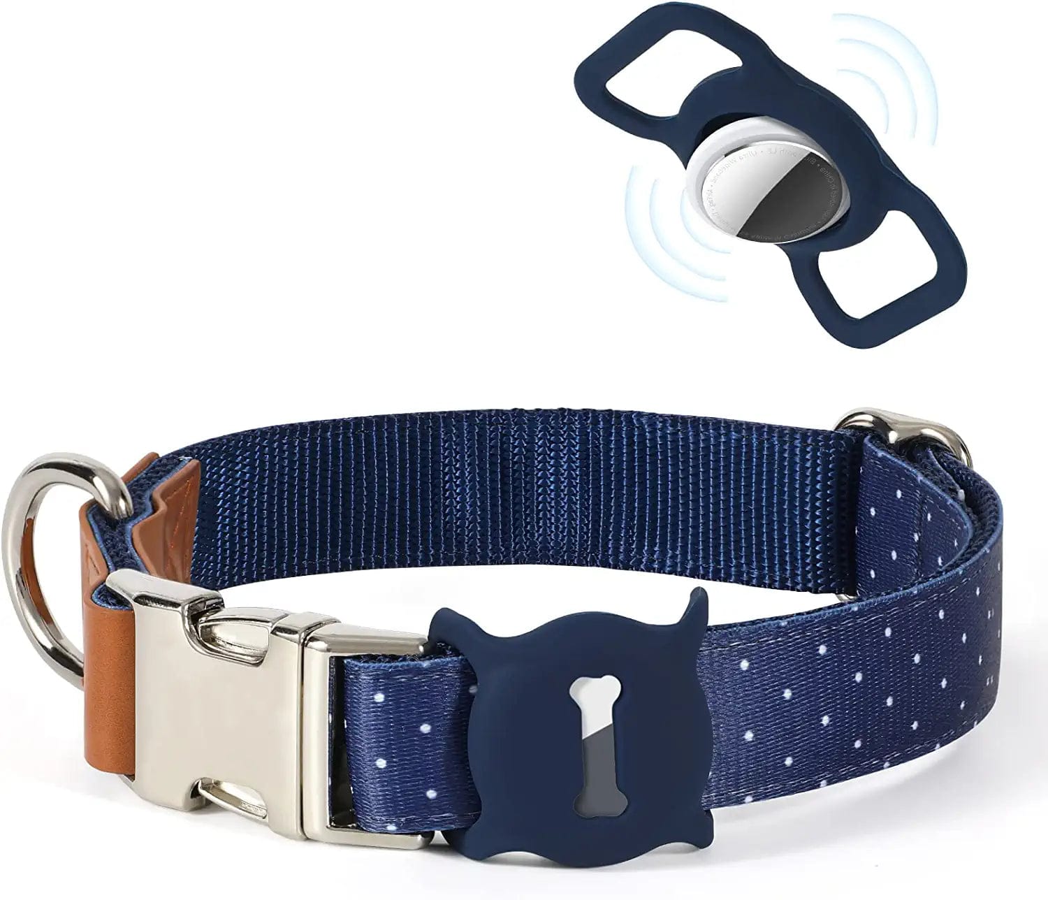 WHIPPY Airtag Dog Collar Adjustable Apple Air Tag Accessories Dog Collar Heavy Duty Metal Buckle Floral Dog Collar with Airtag Holder Case for Small Medium Large Dog Pet,M,Green Electronics > GPS Accessories > GPS Cases WHIPPY D-Navy Blue+AirTag Case L: 16"-25" 