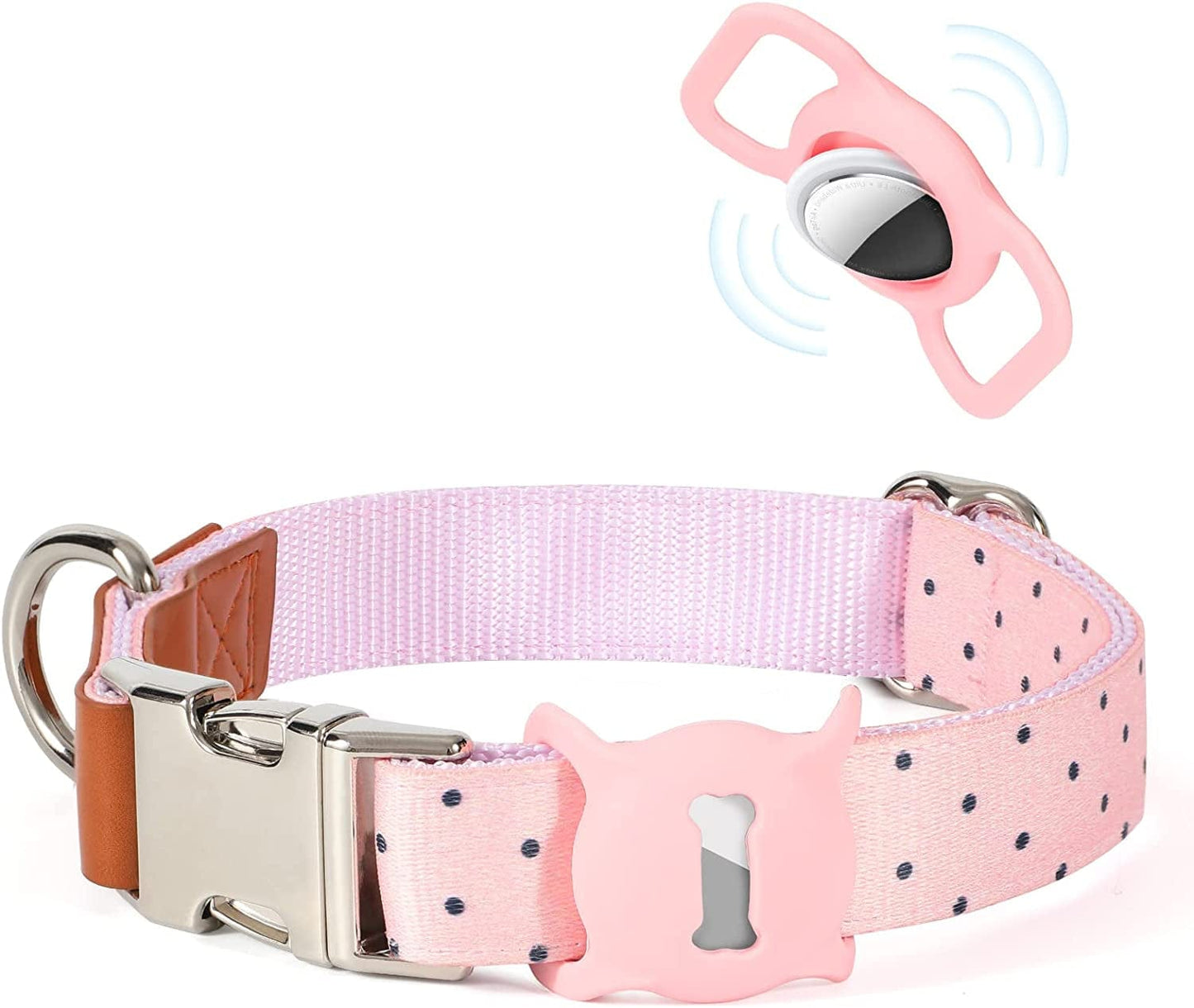 WHIPPY Airtag Dog Collar Adjustable Apple Air Tag Accessories Dog Collar Heavy Duty Metal Buckle Floral Dog Collar with Airtag Holder Case for Small Medium Large Dog Pet,M,Green Electronics > GPS Accessories > GPS Cases WHIPPY B-Pink Dot+AirTag Case M: 14"-21" 