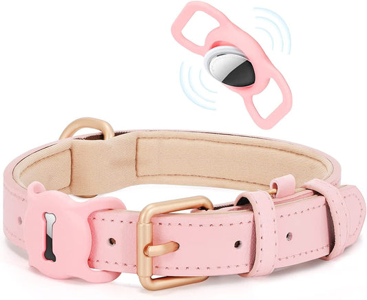 WHIPPY Airtag Leather Dog Collar GPS Tracker Air Tag Puppy Collar Adjustable Soft Leather Padded Dog Collar with Airtag Holder Case for Small Medium Large Dog Pet Backpack,Pink,M Electronics > GPS Accessories > GPS Cases WHIPPY A-pink+airtag case M:Neck 16"-20",Width0.98" 