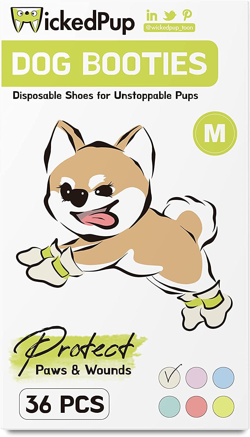 WICKEDPUP Dog Boots Paw Protection for Small Dogs, 36Ct | Disposable Pet Booties for Wound Recovery | Puppy Shoes with Adjustable Straps for Hardwood Floors, Hot Pavement (Blue, S: W 0.75 - 1.25") Animals & Pet Supplies > Pet Supplies > Dog Supplies > Dog Apparel BUTTERFLIES ECOMMERCE US LTD Eggshell M: Width 1 - 1.5" 