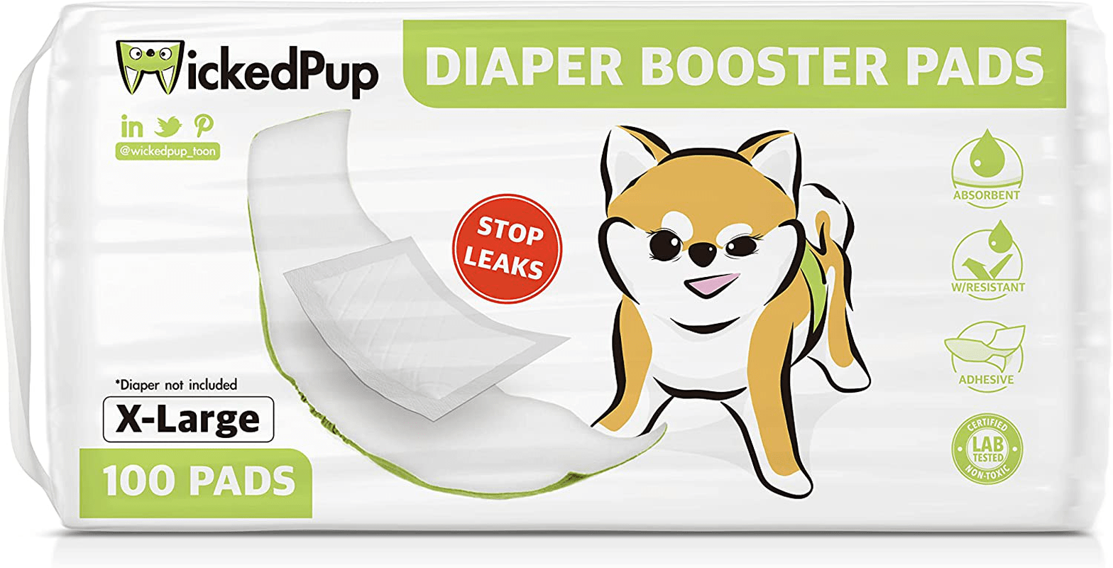 WICKEDPUP Dog Diaper Liners Booster Pads for Male and Female Dogs, 100Ct | Disposable Doggie Diaper Inserts Fit Most Reusable Pet Belly Bands, Cover Wraps, and Washable Period Panties Animals & Pet Supplies > Pet Supplies > Dog Supplies > Dog Diaper Pads & Liners WICKEDPUP X-Large (New)  