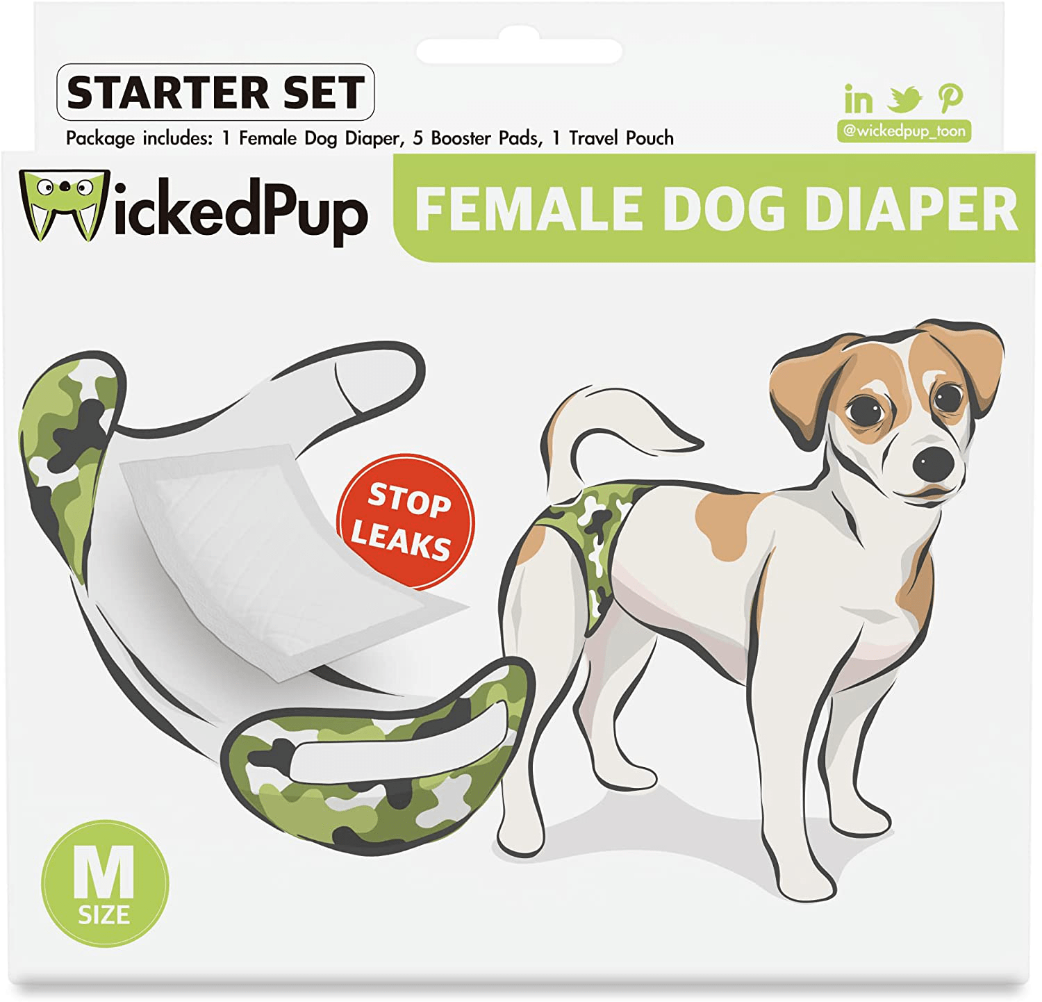 WICKEDPUP Washable Female Dog Diaper (1 Pack) with Disposable Pet Diaper Liners (5 Count), Puppy Training Treat Bag (1 Pouch) | Reusable Period Panty plus Booster Pads, Cloth Dog Travel Pocket Animals & Pet Supplies > Pet Supplies > Dog Supplies > Dog Diaper Pads & Liners WICKEDPUP Medium (14"-20" Waist)  