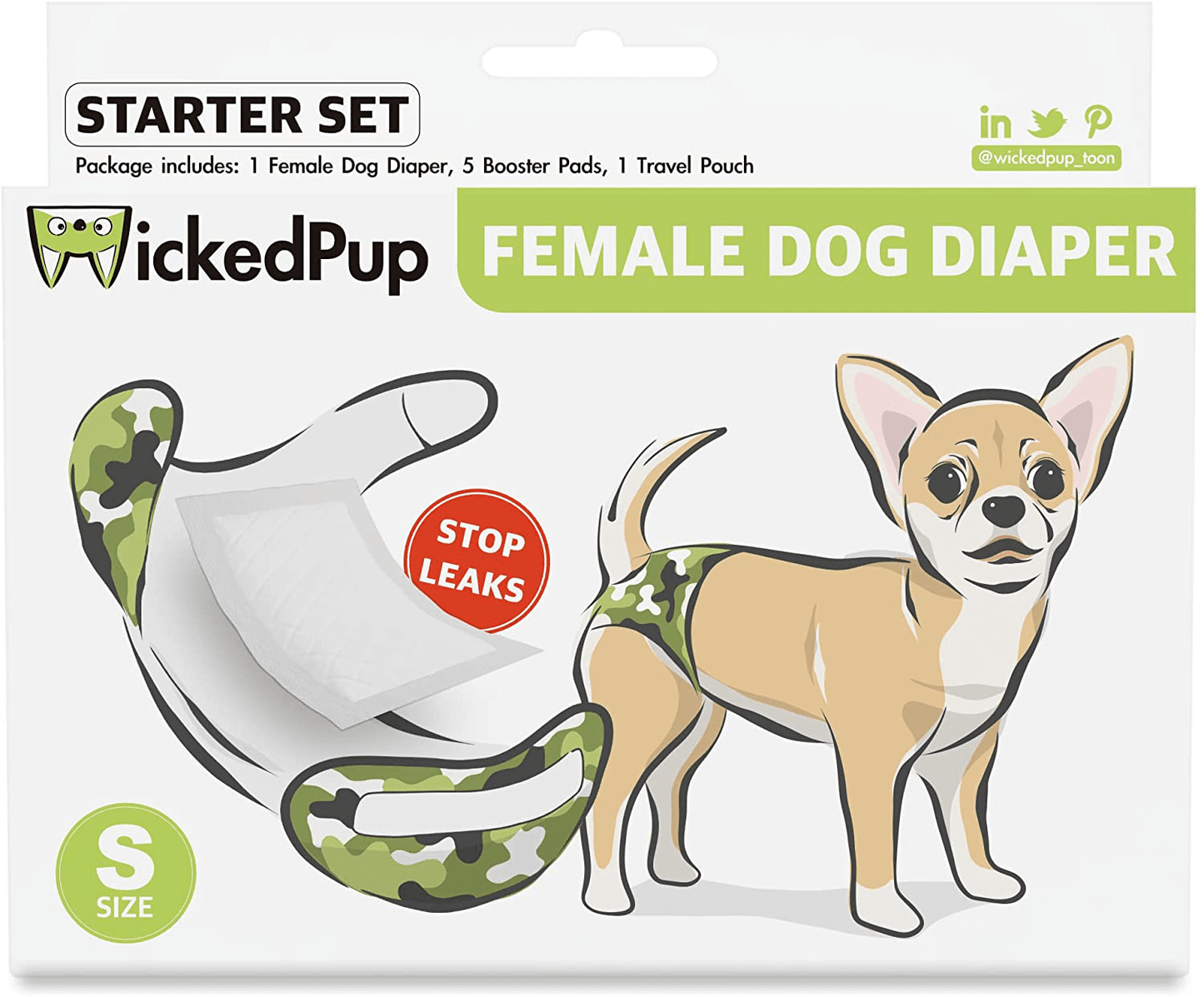 WICKEDPUP Washable Female Dog Diaper (1 Pack) with Disposable Pet Diaper Liners (5 Count), Puppy Training Treat Bag (1 Pouch) | Reusable Period Panty plus Booster Pads, Cloth Dog Travel Pocket
