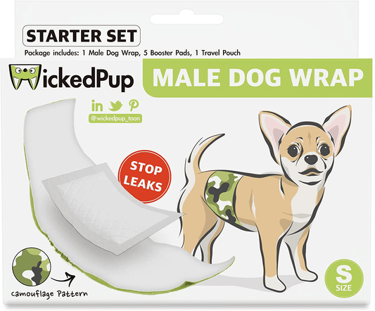 WICKEDPUP Washable Male Dog Wrap (1 Pack) with Disposable Pet Diaper Liners (5 Count), Puppy Training Treat Bag (1 Pouch) | Reusable Belly Band plus Booster Pads, Cloth Doggie Travel Pocket Animals & Pet Supplies > Pet Supplies > Dog Supplies > Dog Diaper Pads & Liners BUTTERFLIES ECOMMERCE US LTD Small (11"-14" Waist)  