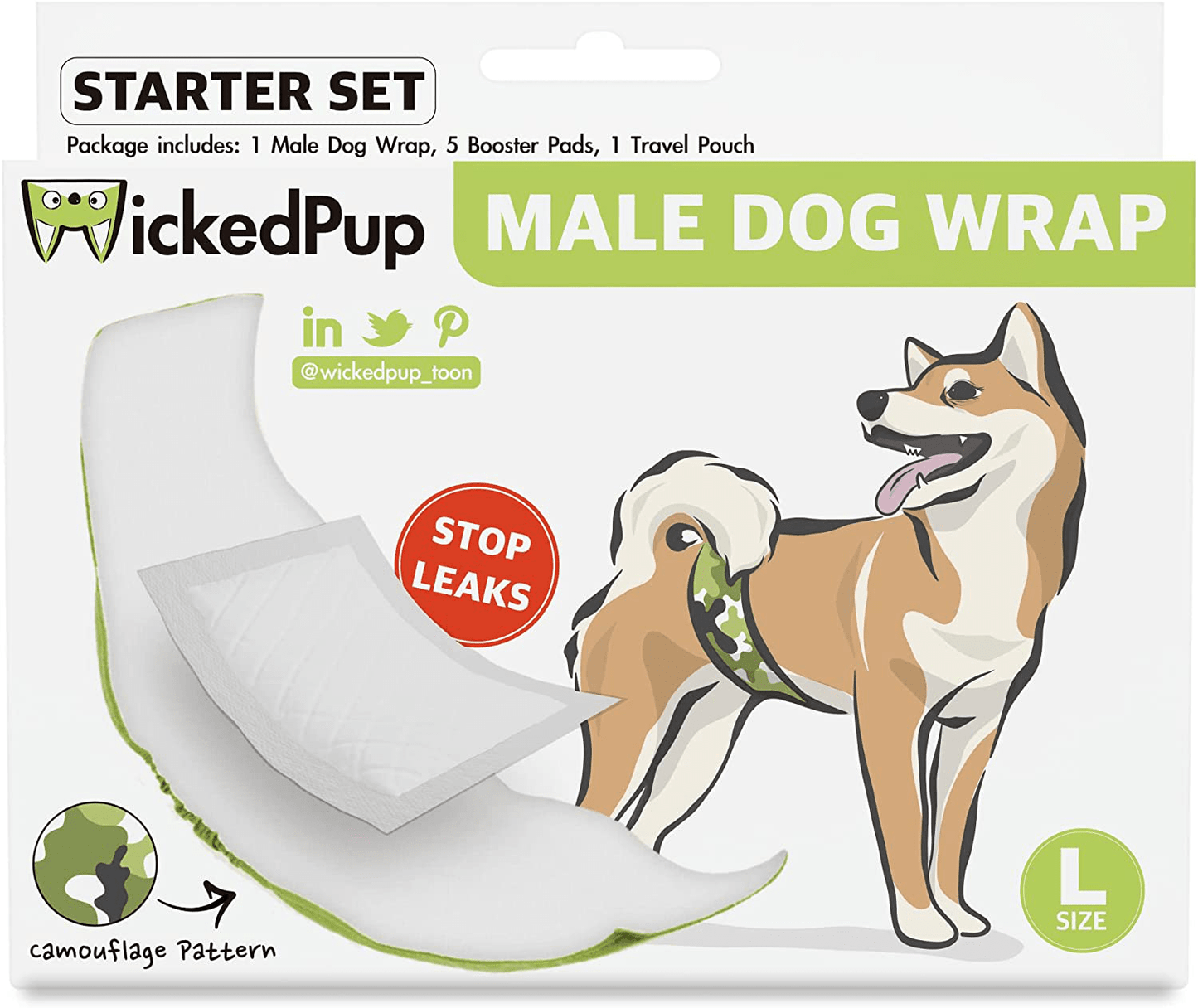 WICKEDPUP Washable Male Dog Wrap (1 Pack) with Disposable Pet Diaper Liners (5 Count), Puppy Training Treat Bag (1 Pouch) | Reusable Belly Band plus Booster Pads, Cloth Doggie Travel Pocket Animals & Pet Supplies > Pet Supplies > Dog Supplies > Dog Diaper Pads & Liners BUTTERFLIES ECOMMERCE US LTD Large (17"-21" Waist)  