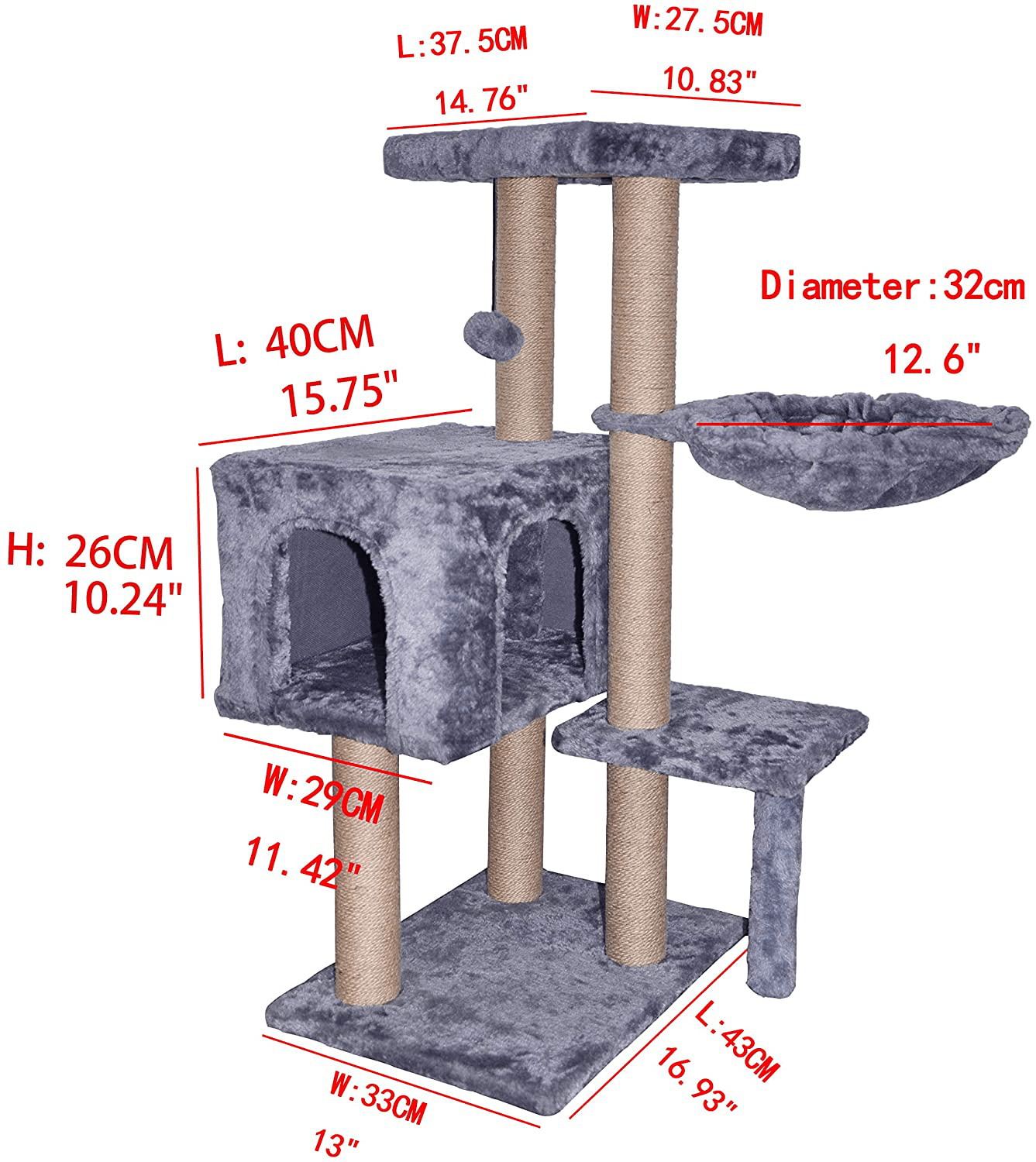 WIKI 002G Cat Tree Has Scratching Toy with a Ball Activity Centre Cat Tower Furniture Jute-Covered Scratching Posts Grey Animals & Pet Supplies > Pet Supplies > Cat Supplies > Cat Furniture WIKI   