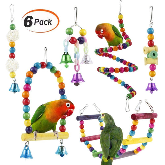 Willstar 6Pcs Bird Parrot Toys, Hanging Bell Pet Bird Cage Hammock Swing Toy Wooden Perch Chewing Toy for Parrots, Birds, Finches Animals & Pet Supplies > Pet Supplies > Bird Supplies > Bird Toys Willstar   