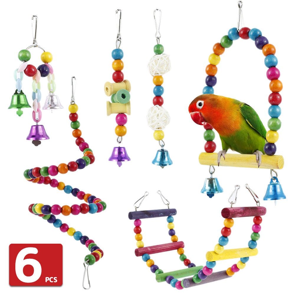 Willstar 6Pcs Bird Parrot Toys, Hanging Bell Pet Bird Cage Hammock Swing Toy Wooden Perch Chewing Toy for Parrots, Birds, Finches Animals & Pet Supplies > Pet Supplies > Bird Supplies > Bird Toys Willstar   