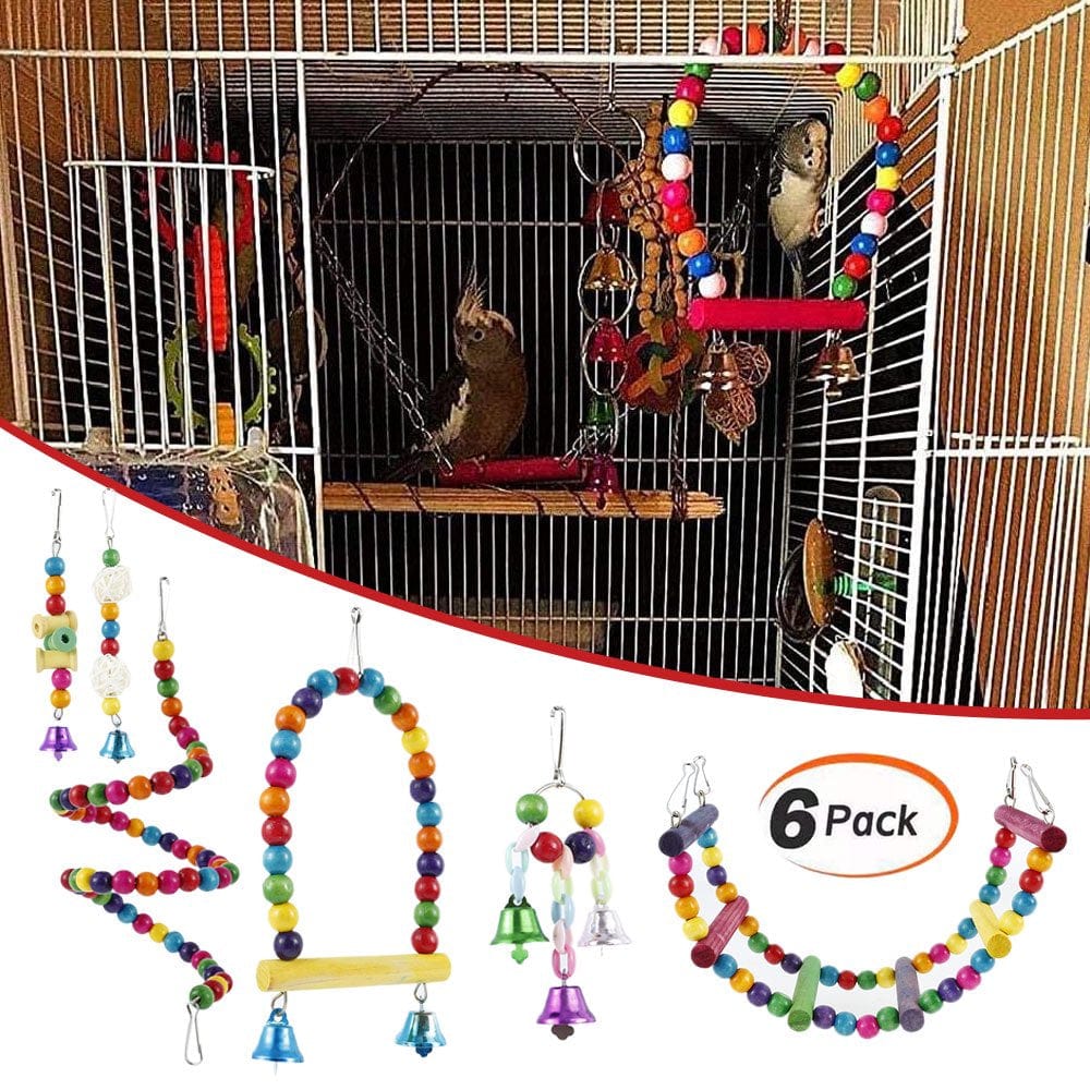 Willstar 6Pcs Bird Parrot Toys, Hanging Bell Pet Bird Cage Hammock Swing Toy Wooden Perch Chewing Toy for Parrots, Birds, Finches Animals & Pet Supplies > Pet Supplies > Bird Supplies > Bird Toys Willstar   