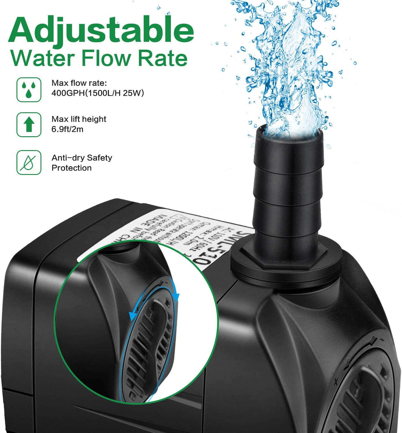 Winkeyes 400GPH Water Pump with 48 Hours anti Dry Burning, Ultra Quiet 25W Submersible Fountain Aquarium Fish Pond Hydroponic Pump with 6.9Ft High Lift, 5.9Ft Power Cord, 2 Nozzles Animals & Pet Supplies > Pet Supplies > Fish Supplies > Aquarium & Pond Tubing Intsun   