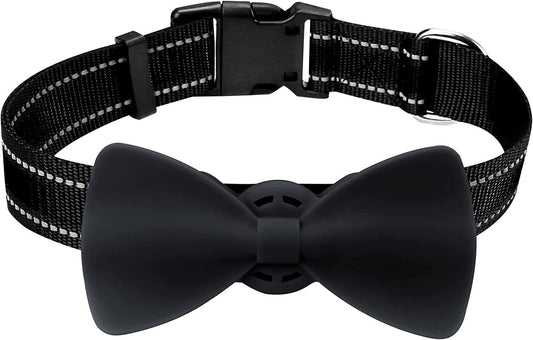 Winsee Airtag Dog Collar, Reflective Nylon Pet Collar with Silicone Case for Apple Airtags, Cute Bowtie Pet Airtag Holder for Puppy Small Medium Large and Extra-Large Dogs Electronics > GPS Accessories > GPS Cases WINSEE Black S: 10"-16" neck 