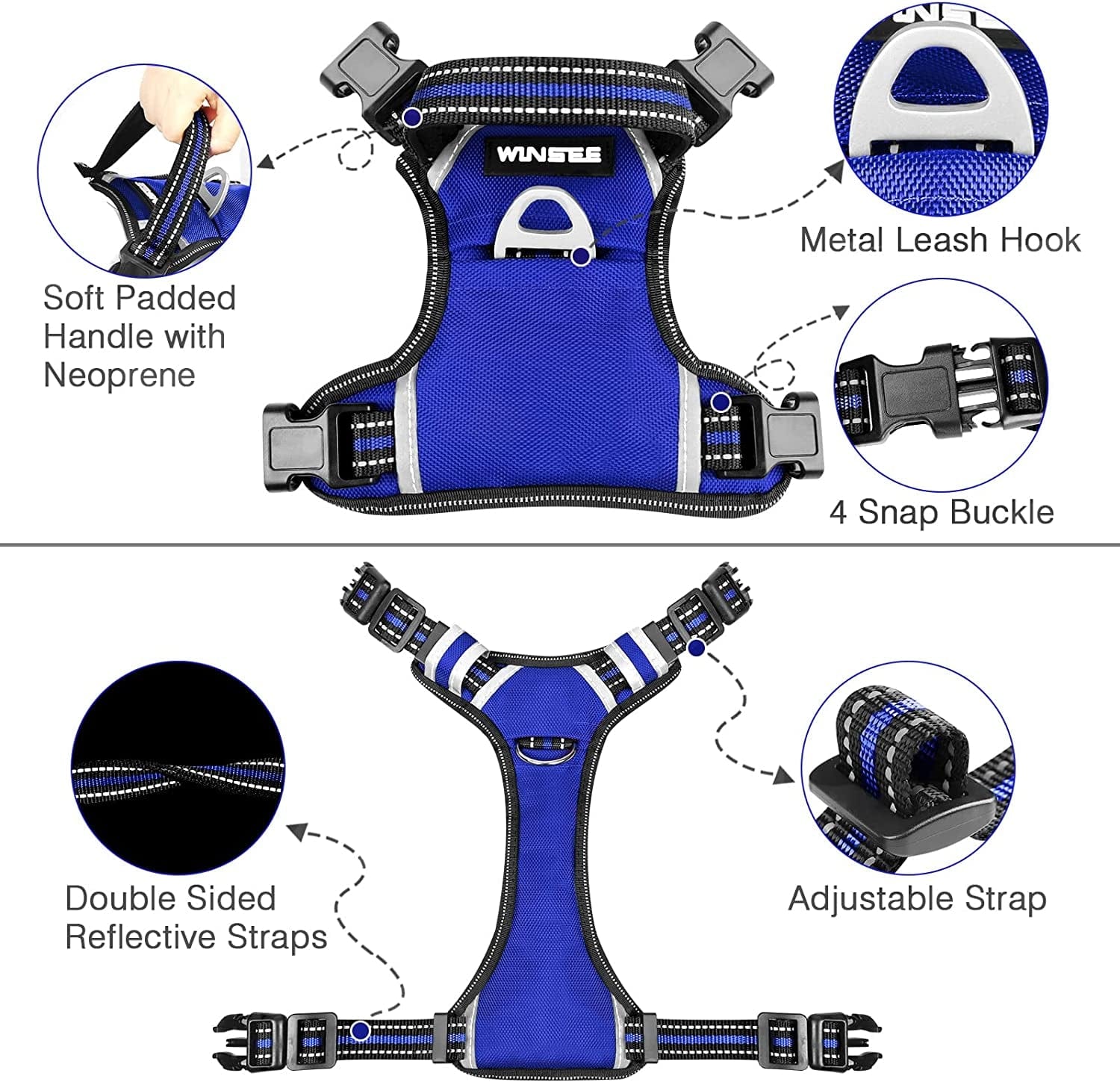 WINSEE Dog Harness No Pull, 4 Snap Buckles Pet Harness with 2 Leash Clips, Adjustable Soft Padded Dog Vest, Reflective Pet Oxford Walking Vest with Easy Control Handle, NO Need Go over Dog’S Head Animals & Pet Supplies > Pet Supplies > Dog Supplies > Dog Apparel WINSEE   