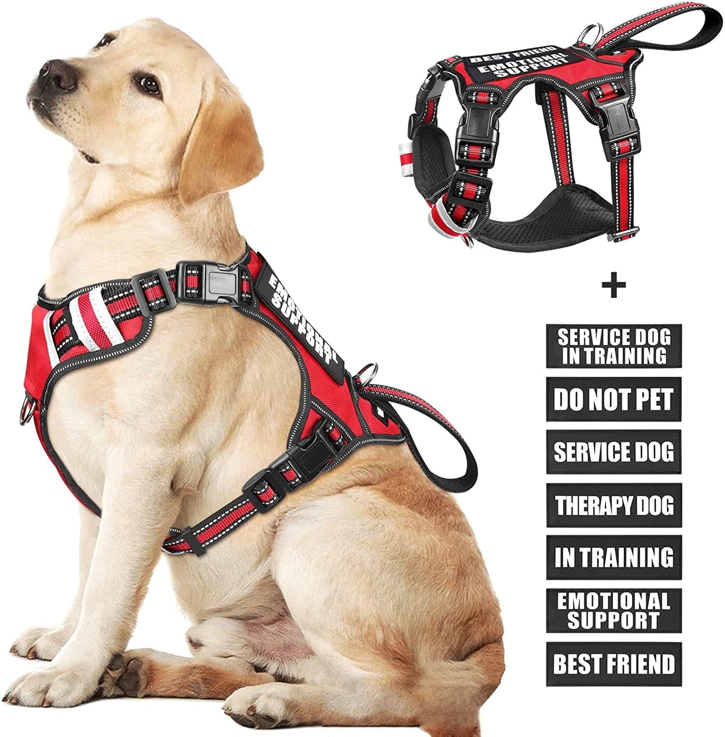 WINSEE Service Dog Vest No Pull Dog Harness with 7 Dog Patches, Reflective Pet Harness with Durable Soft Padded Handle for Training Small, Medium, Large, and Extra-Large Dogs (Large, Red)