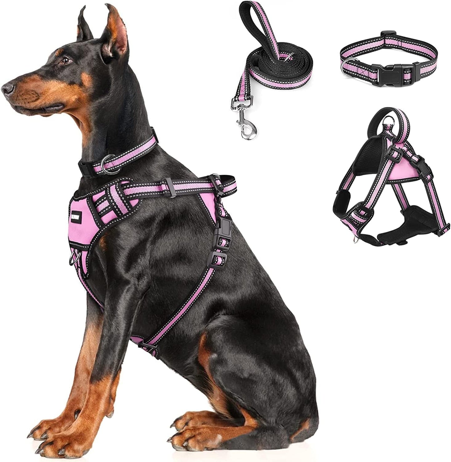 WINSEE Step in Dog Harness Collar and Leash Set, All-In-One Reflective No Escape Dog Harness with Adjustable Buckles for Pet Puppies, Small, Medium, Large, and Extra-Large Dogs Animals & Pet Supplies > Pet Supplies > Dog Supplies > Dog Apparel WINSEE Pink X-Large 