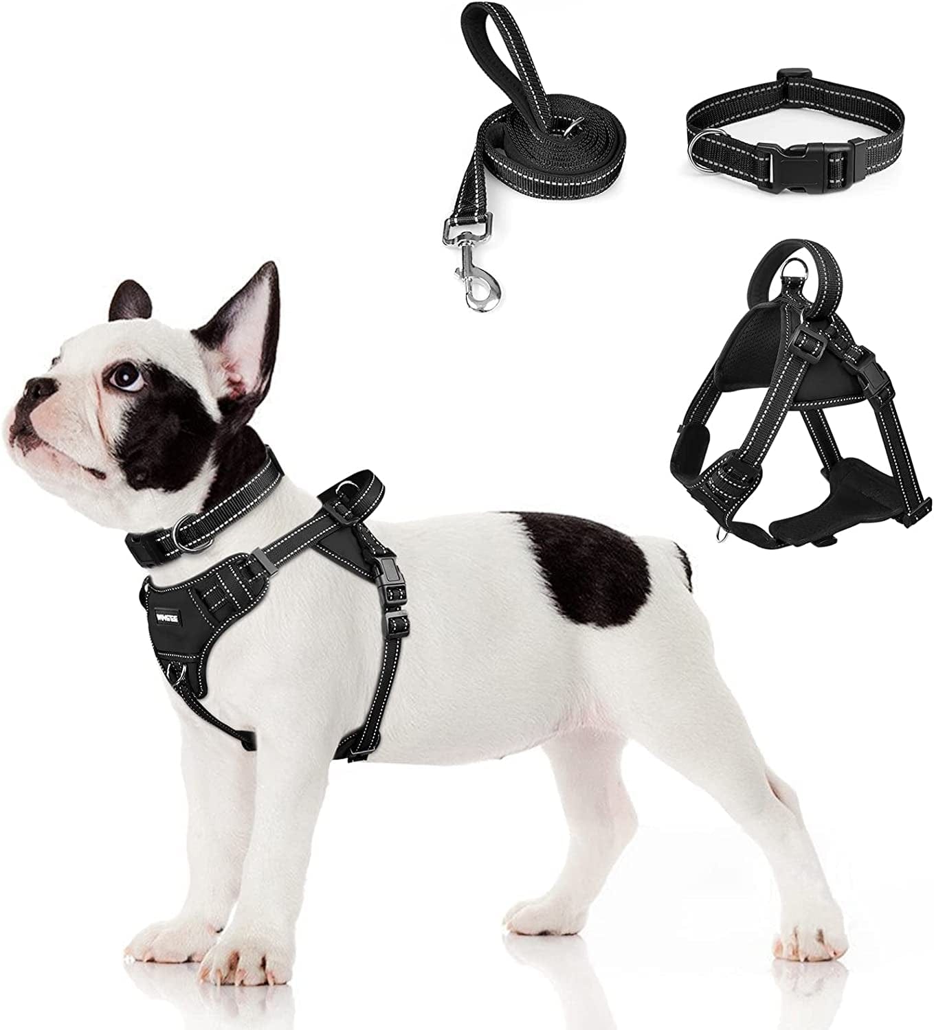 WINSEE Step in Dog Harness Collar and Leash Set, All-In-One Reflective No Escape Dog Harness with Adjustable Buckles for Pet Puppies, Small, Medium, Large, and Extra-Large Dogs Animals & Pet Supplies > Pet Supplies > Dog Supplies > Dog Apparel WINSEE Black Small 