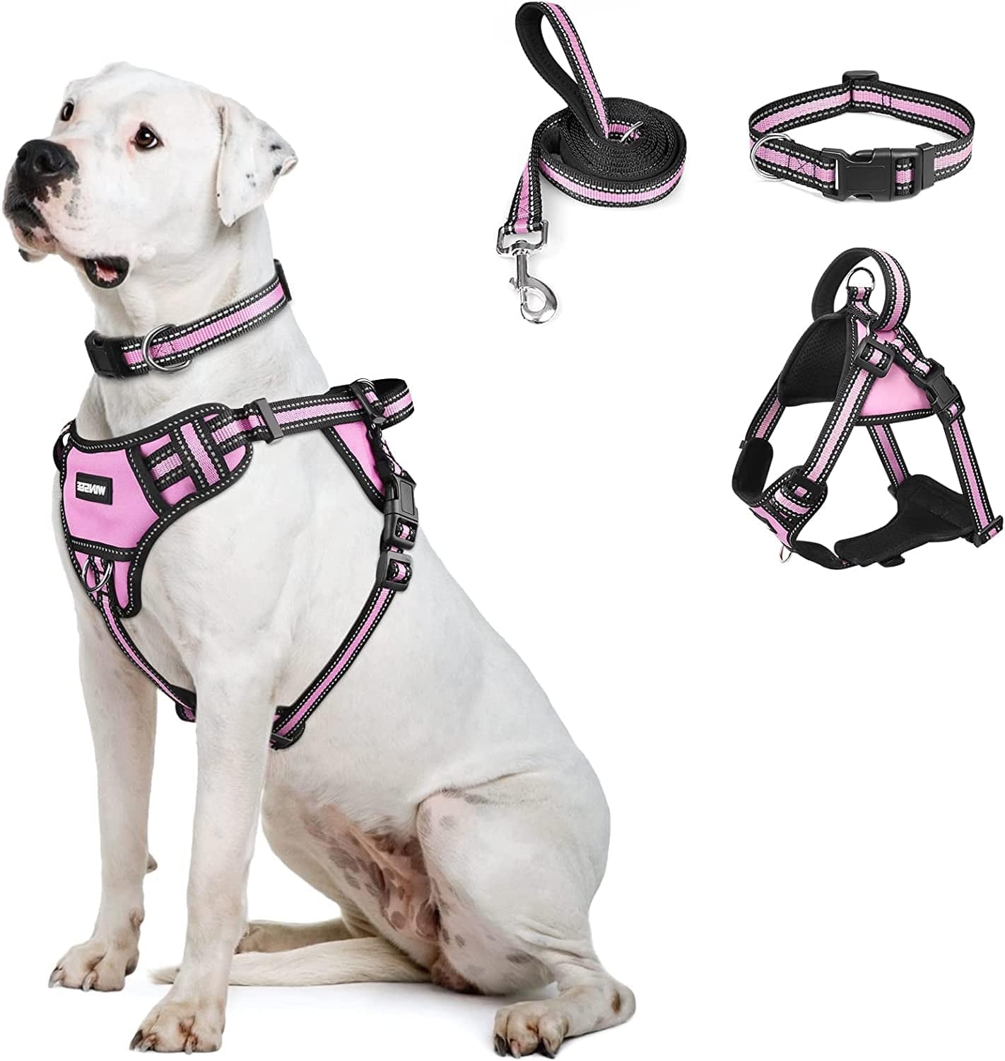 WINSEE Step in Dog Harness Collar and Leash Set, All-In-One Reflective No Escape Dog Harness with Adjustable Buckles for Pet Puppies, Small, Medium, Large, and Extra-Large Dogs Animals & Pet Supplies > Pet Supplies > Dog Supplies > Dog Apparel WINSEE Pink Large 