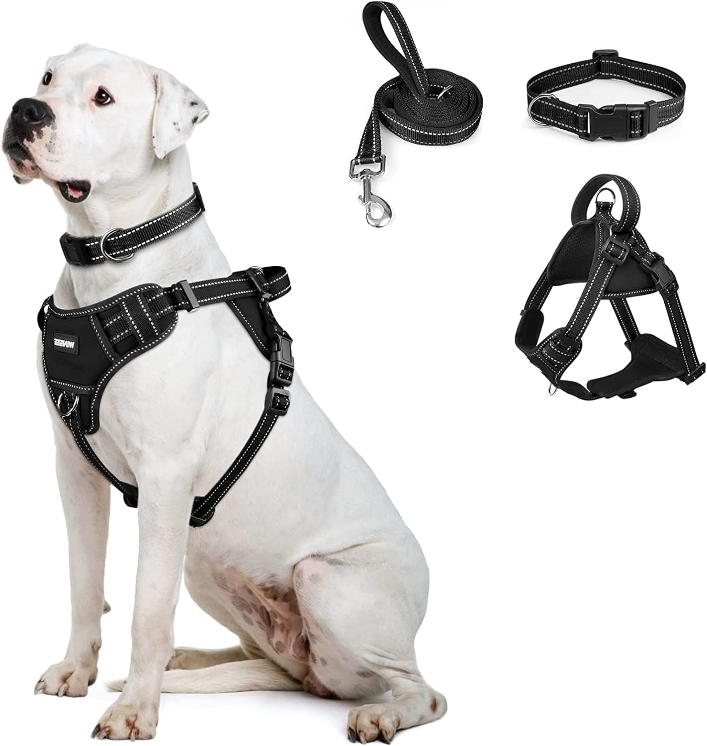 WINSEE Step in Dog Harness Collar and Leash Set, All-In-One Reflective No Escape Dog Harness with Adjustable Buckles for Pet Puppies, Small, Medium, Large, and Extra-Large Dogs Animals & Pet Supplies > Pet Supplies > Dog Supplies > Dog Apparel WINSEE Black Large 