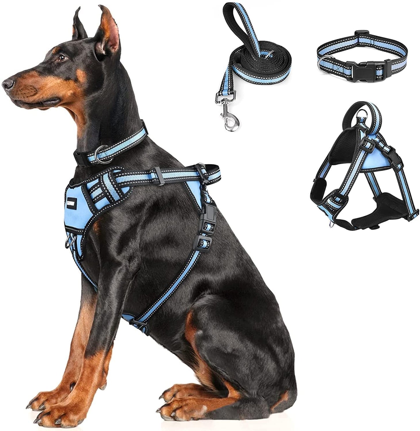 WINSEE Step in Dog Harness Collar and Leash Set, All-In-One Reflective No Escape Dog Harness with Adjustable Buckles for Pet Puppies, Small, Medium, Large, and Extra-Large Dogs Animals & Pet Supplies > Pet Supplies > Dog Supplies > Dog Apparel WINSEE Blue X-Large 