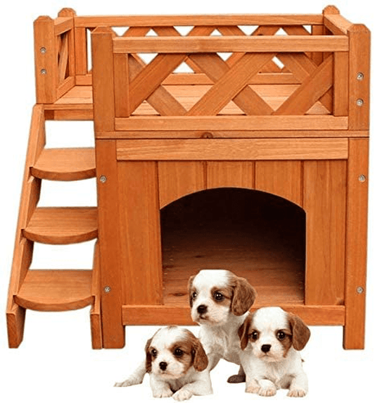 Wintue 2 Layers Confidence Pet Wooden Dog House Living House Kennel with Balcony Wood Color Animals & Pet Supplies > Pet Supplies > Dog Supplies > Dog Houses Wintue   