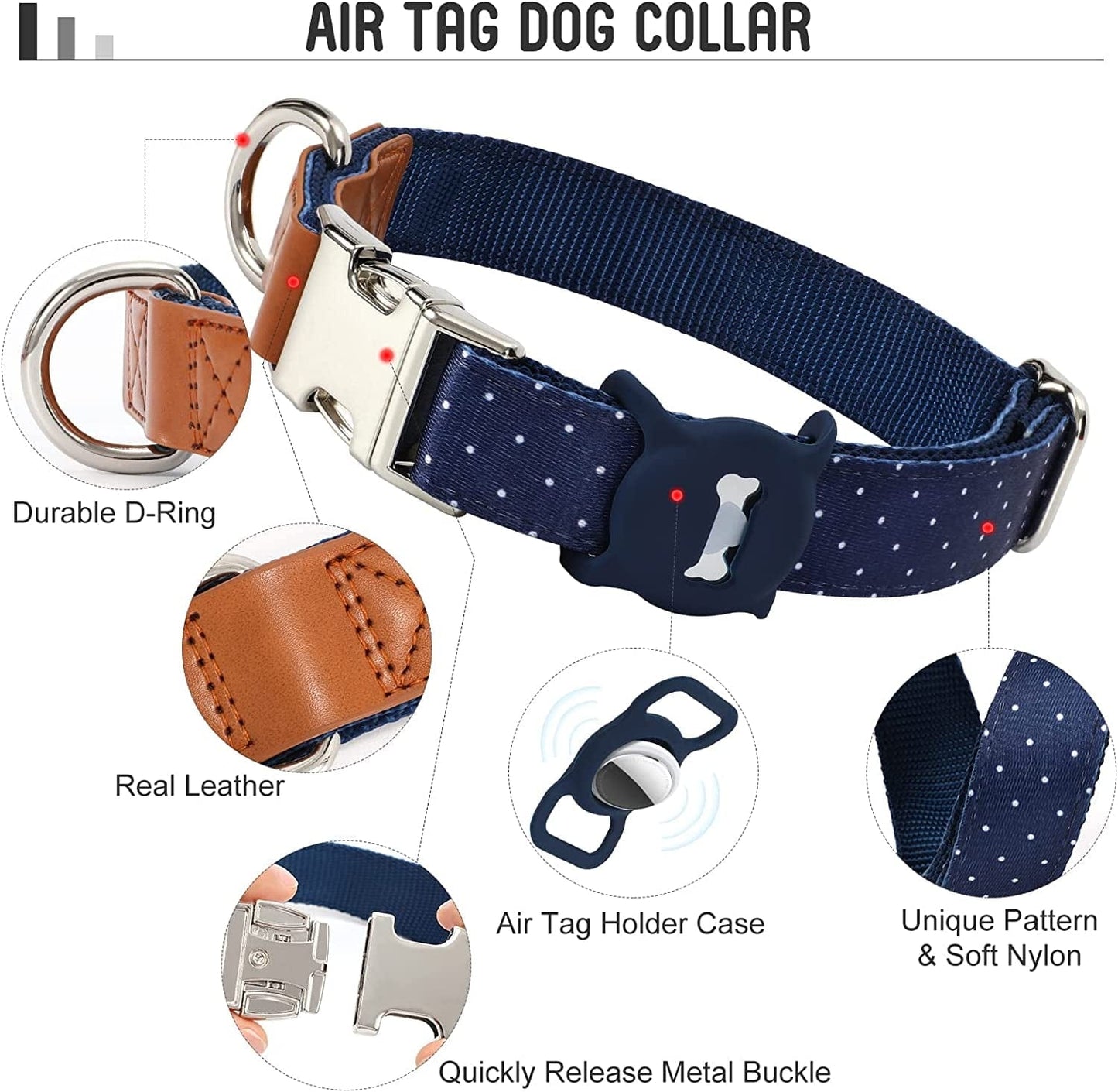 WLIXPBB Airtag Dog Collar for Small Medium Large Dog Heavy Duty Metal Buckle Air Tag Puppy Collar with Airtag Holder Case GPS Tracker Air Tag Collar for Apple Airtag Pet Backpack,Blue