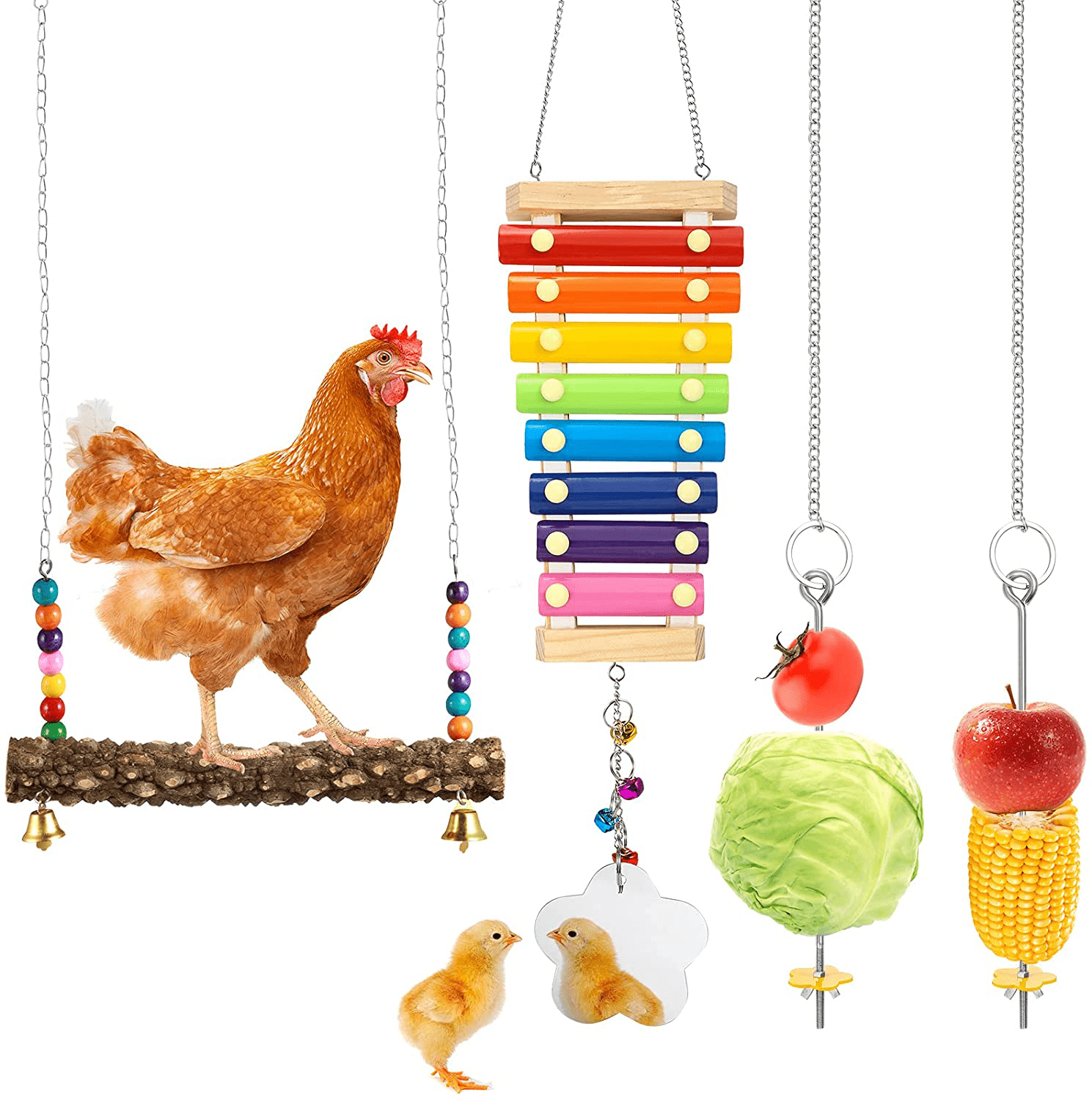 Woiworco 4 Packs Chicken Toys for Coop, Chicken Xylophone Toys with Mirror, Vegetable Hanging Feeder and Chicken Swing Toys for Chicken Hens Animals & Pet Supplies > Pet Supplies > Bird Supplies > Bird Toys Woiworco   