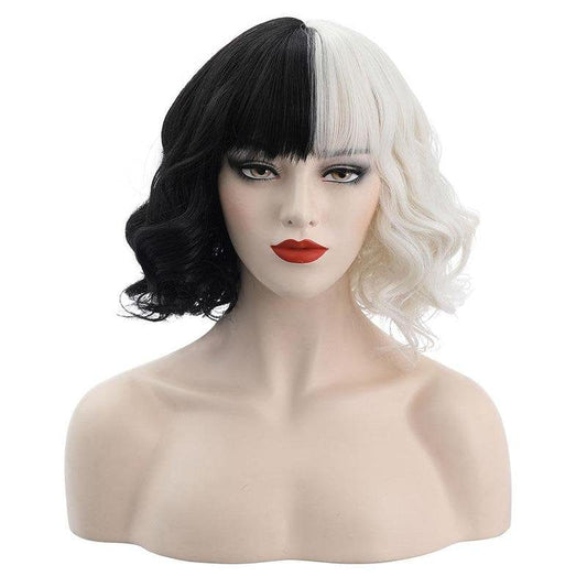 Women'S Half Black Half White Small Short Curly Cosplay Wig for Halloween Christmas Carnival Party