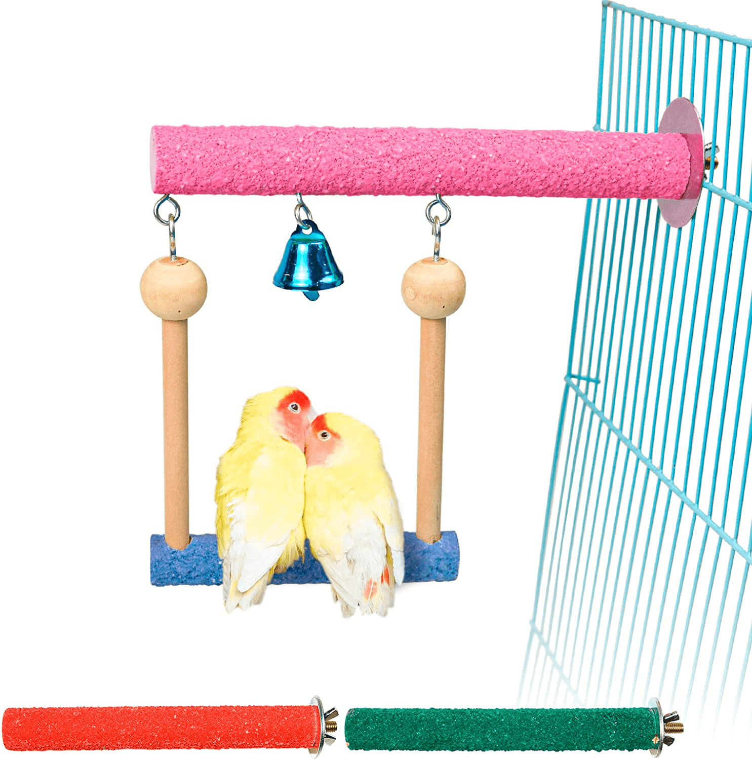 Wood Perch Toy with Bell for Bird Parrot Parakeet Cockatiel Conure Cockatoo African Grey Macaw Eclectus Amazon Lovebird Finch Canary Budgie Cage Stand Swing Animals & Pet Supplies > Pet Supplies > Bird Supplies > Bird Cage Accessories S-Mechanic   