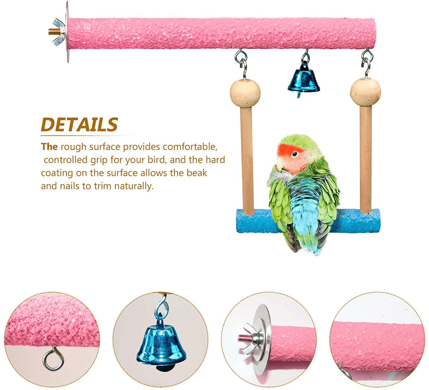 Wood Perch Toy with Bell for Bird Parrot Parakeet Cockatiel Conure Cockatoo African Grey Macaw Eclectus Amazon Lovebird Finch Canary Budgie Cage Stand Swing Animals & Pet Supplies > Pet Supplies > Bird Supplies > Bird Cage Accessories S-Mechanic   