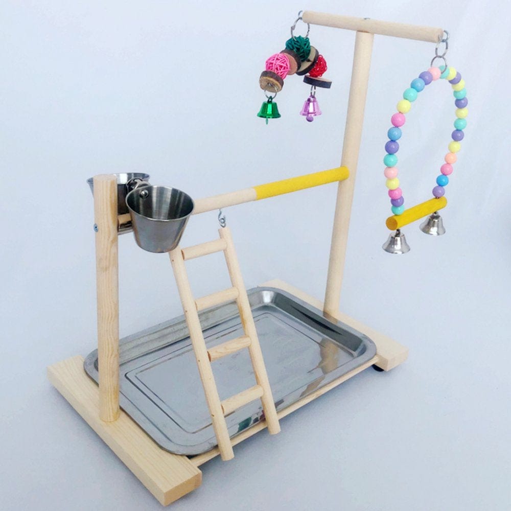 Wooden Bird Perch Stand Parrot Platform Playground Exercise Gym Playstand Ladder Interactive Toys with Feeder Cups