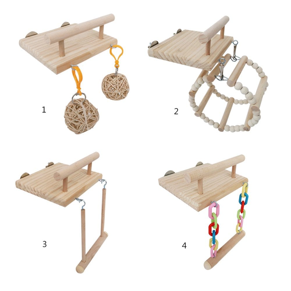 Wooden Bird Perches Cage Toys Hamster Play Gym Stand with Wood Swing Rattan Ball