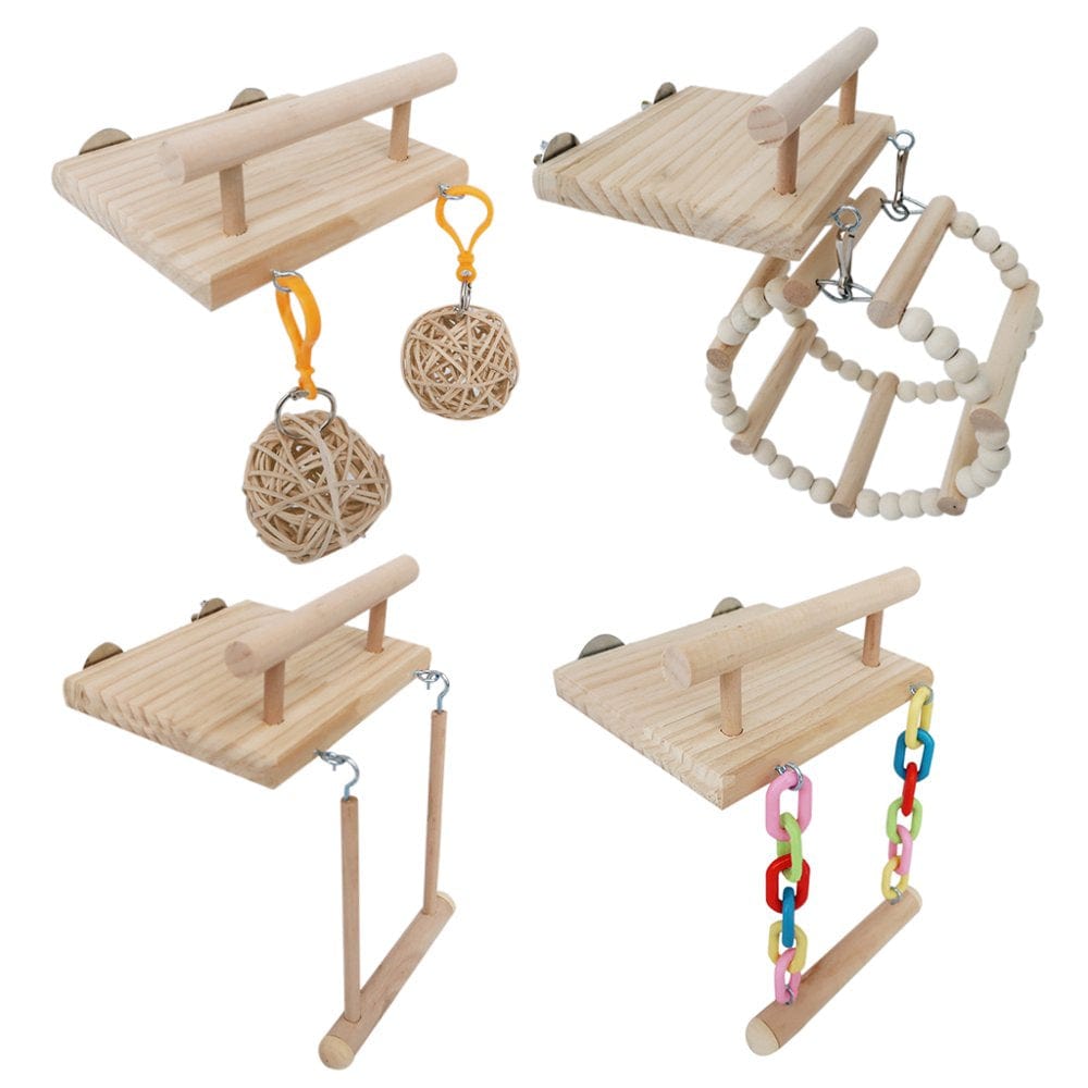 Wooden Bird Perches Cage Toys Hamster Play Gym Stand with Wood Swing Rattan Ball