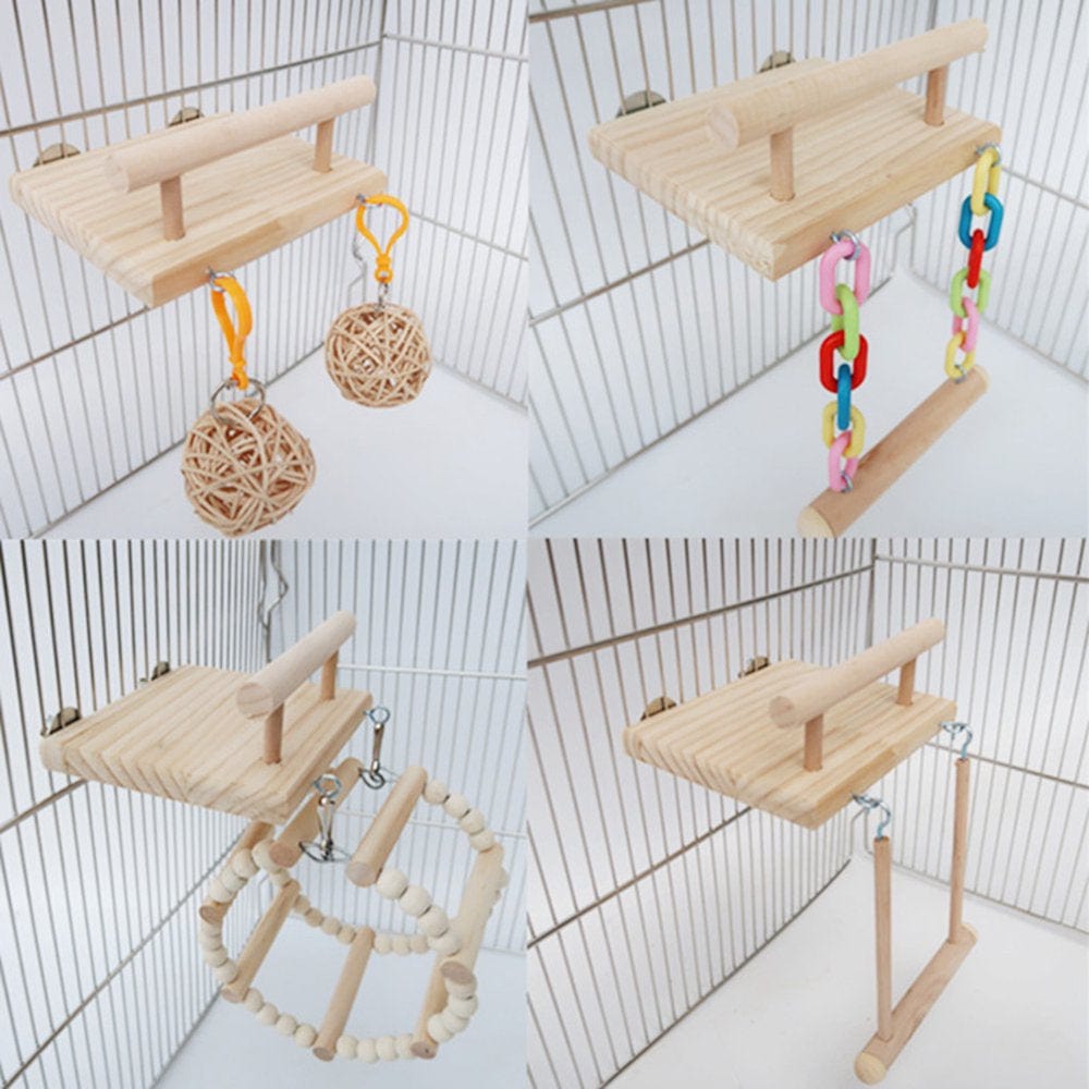 Wooden Bird Perches Cage Toys Hamster Play Gym Stand with Wood Swing Rattan Ball Ferris Wheel Chewing Toys for Lovebird Chinchilla Animals & Pet Supplies > Pet Supplies > Bird Supplies > Bird Gyms & Playstands CHANCELAND   