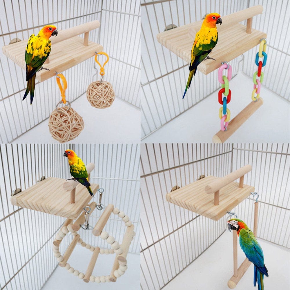 Wooden Bird Perches Cage Toys Hamster Play Gym Stand with Wood Swing Rattan Ball Ferris Wheel Chewing Toys for Lovebird Chinchilla Animals & Pet Supplies > Pet Supplies > Bird Supplies > Bird Gyms & Playstands CHANCELAND   