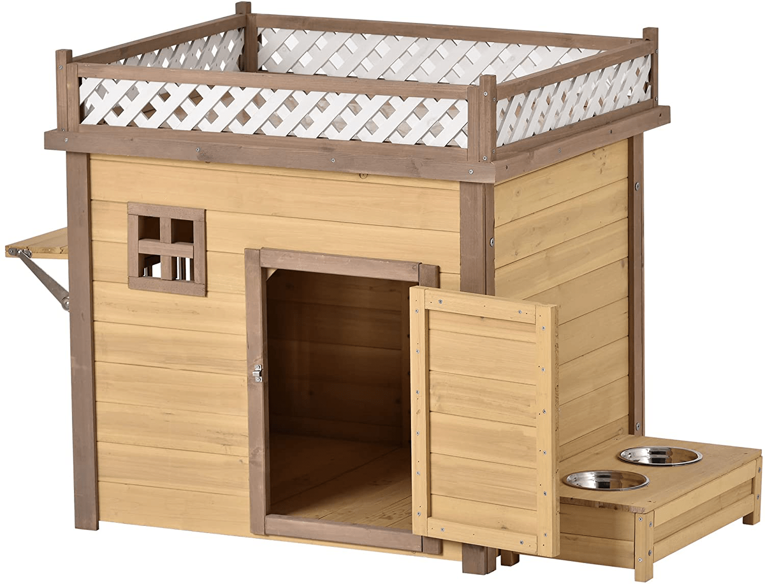 Wooden Dog House Cat Houses 31.5” Dog Crate Outdoor Insulated with Flower Stand, Plant Stand and Wood Feeder, Weather Resistant Weatherproof Pet Log Cabin