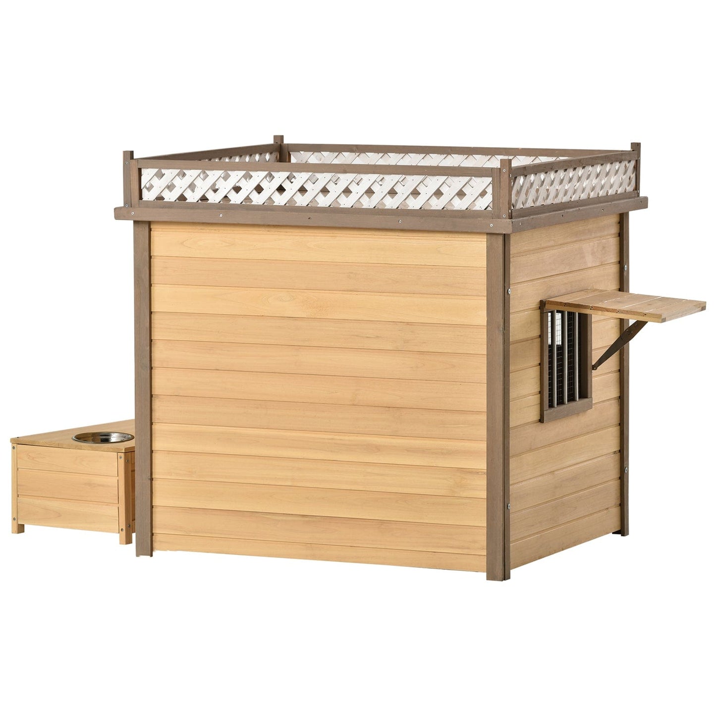 Wooden Dog Houses Weatherproof, 39.4” Puppy Shelter Kennel with Flower Stand, Plant Stand, Wood Feeder