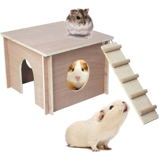 Wooden Guinea Pig Hideout Chinchilla House Hut with Windows Natural Handcrafted Detachable Hamsters Small Animal Hideout Habitat Cage Hut for Hedgehog Rat Hamster Gerbil