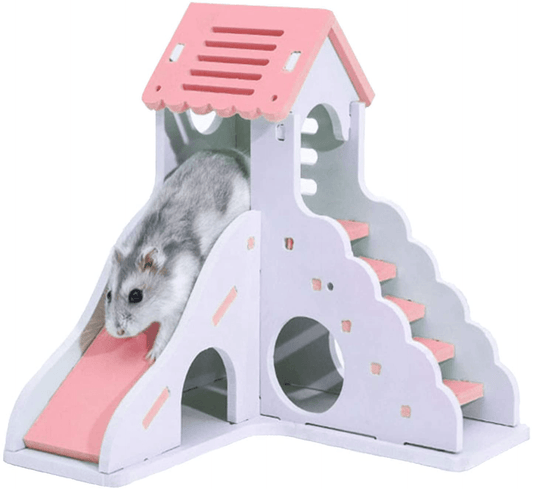 Wooden Hamster House - Pet Small Animal Hideout, Assemble Hamster Hut Villa, Cage Habitat Decor Accessories, Play Toys for Dwarf, Hedgehog, Syrian Hamster, Gerbils Mice Animals & Pet Supplies > Pet Supplies > Small Animal Supplies > Small Animal Habitat Accessories Hesderty Pink 2  
