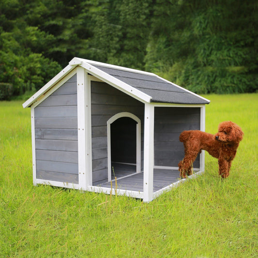 Wooden Pet House, Raised Dog Hutch with Spacious Porch & Separate Living Room, Wooden Puppy Dog House, Dog Enclosure (Grey,38.18 29.72 9.64 Inches) Animals & Pet Supplies > Pet Supplies > Dog Supplies > Dog Houses General   