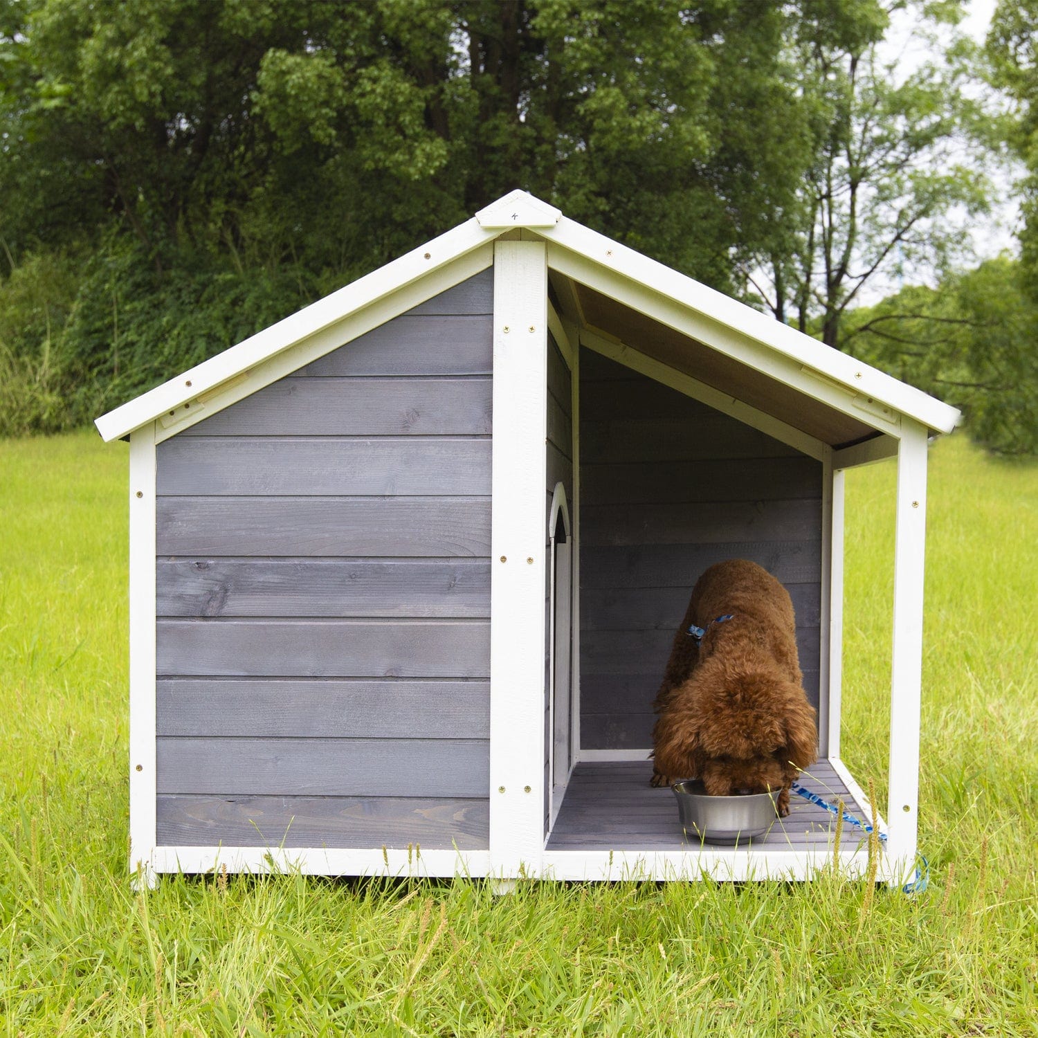 Wooden Pet House, Raised Dog Hutch with Spacious Porch & Separate Living Room, Wooden Puppy Dog House, Dog Enclosure (Grey,38.18 29.72 9.64 Inches) Animals & Pet Supplies > Pet Supplies > Dog Supplies > Dog Houses General   