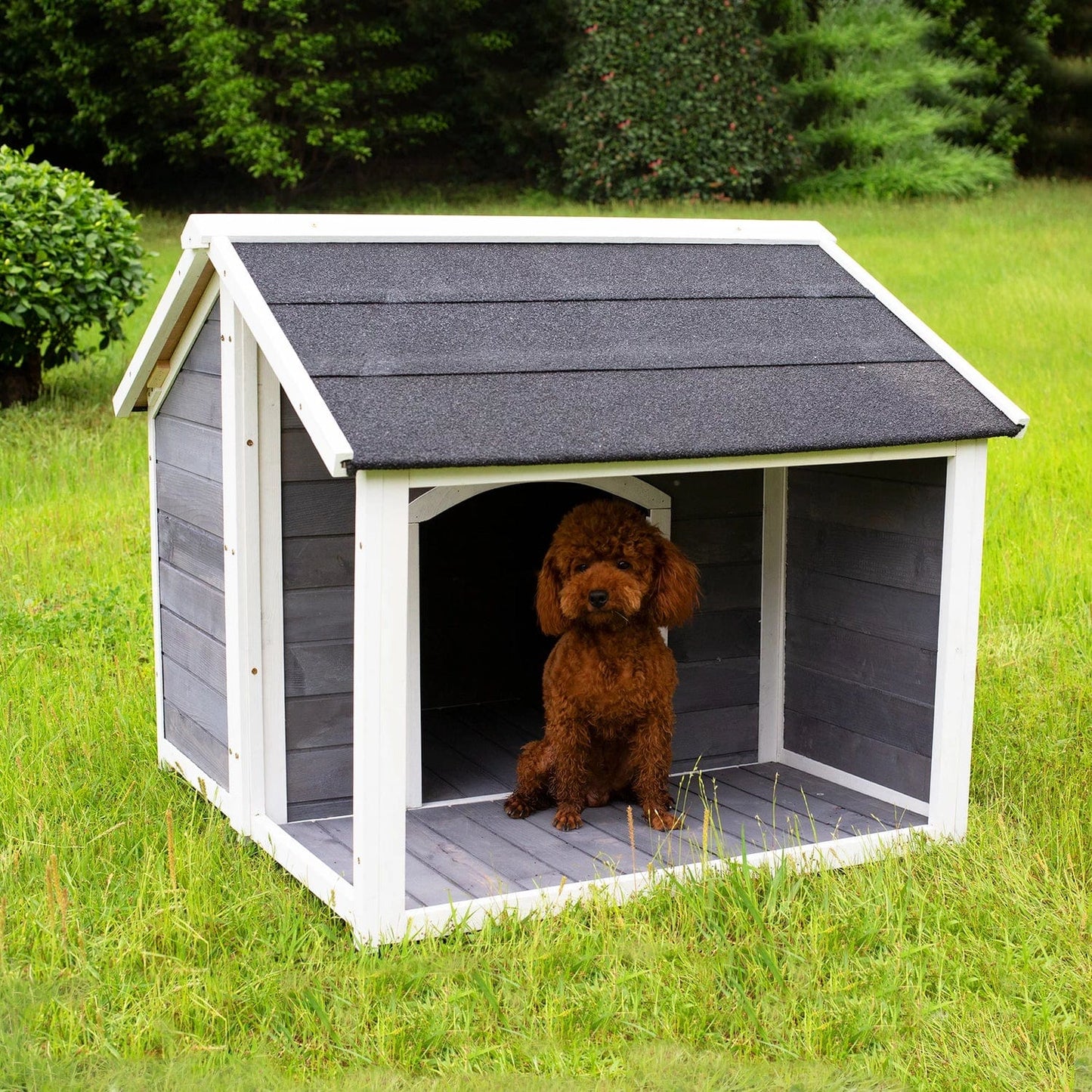 Wooden Pet House, Raised Dog Hutch with Spacious Porch & Separate Living Room, Wooden Puppy Dog House, Dog Enclosure (Grey,38.18 29.72 9.64 Inches) Animals & Pet Supplies > Pet Supplies > Dog Supplies > Dog Houses General   