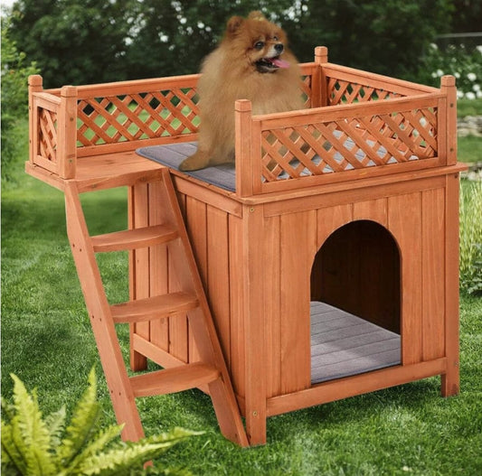 Wooden Puppy Pet Dog House Wood Room In/Outdoor Raised Roof Balcony Bed Shelter