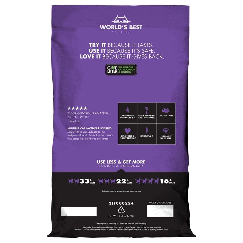 World'S Best Cat Litter Multiple Cat Clumping Formula, Lavender Scented, 15 Lb Animals & Pet Supplies > Pet Supplies > Cat Supplies > Cat Litter Kent Nutrition Group, Inc.   