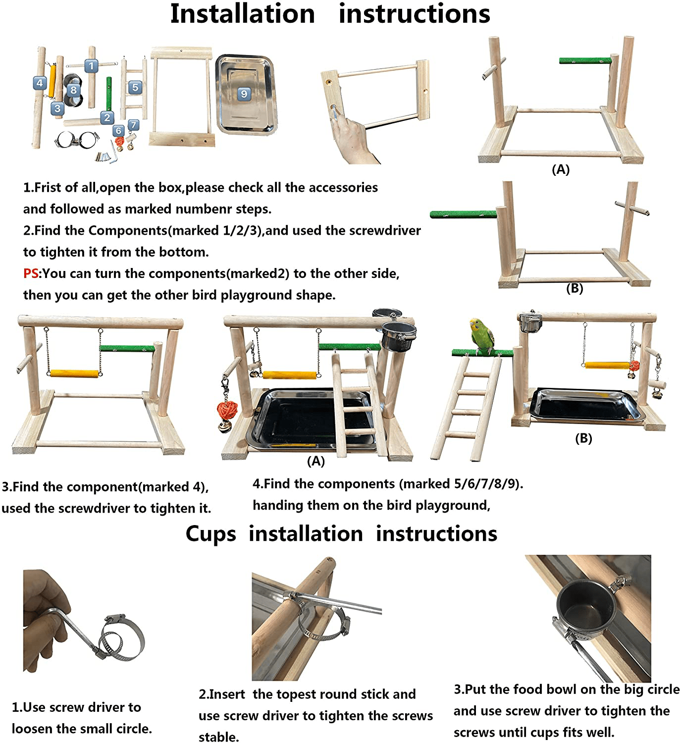 Wyunpets Bird Perch Playground Parrot Gym Stand with Feeder Seed Cups Ladder Bell Color Toys Conure Parakeet Macaw Cockatiel Finch Small Animals Animals & Pet Supplies > Pet Supplies > Bird Supplies > Bird Gyms & Playstands WYunPets   