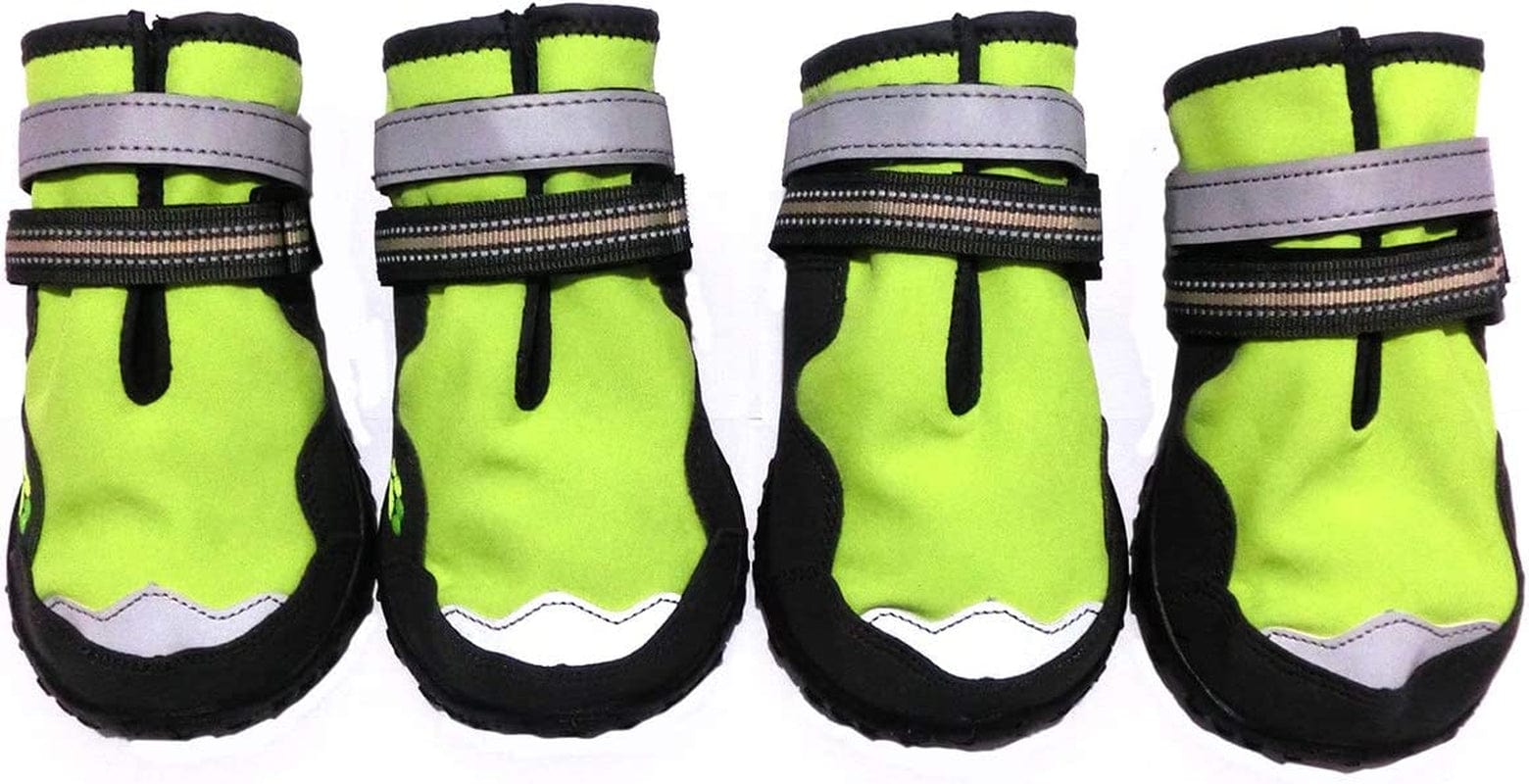 Xanday Dog Boots Waterproof Dog Shoes,Paw Protectors with Reflective and Adjustable Straps and Wear-Resisting Soles,4Pcs (Fluorescent Green,4) Animals & Pet Supplies > Pet Supplies > Dog Supplies > Dog Apparel Xanday Fluorescent Green 3 