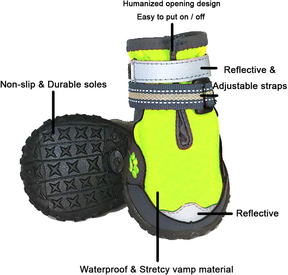 Xanday Dog Boots Waterproof Dog Shoes,Paw Protectors with Reflective and Adjustable Straps and Wear-Resisting Soles,4Pcs (Fluorescent Green,4) Animals & Pet Supplies > Pet Supplies > Dog Supplies > Dog Apparel Xanday   