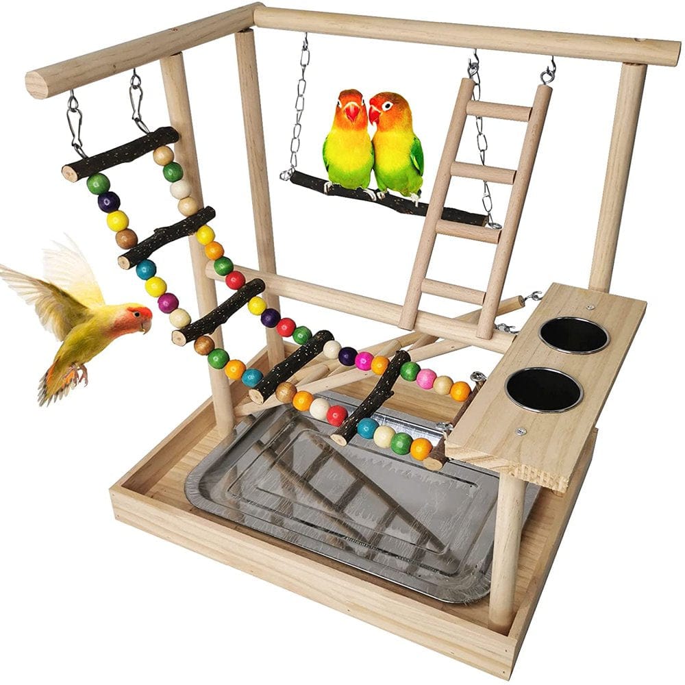 XCHENBI Parrots Playground, Bird Play Gym Wood Perch Stand Colours Climb Ladders Swing Chewing Toys with Parakeet Feeding Cups Exercise Activity Center for Conure Cockatiel Lovebirds(Include a Tray) Animals & Pet Supplies > Pet Supplies > Bird Supplies > Bird Gyms & Playstands XCHENBI   