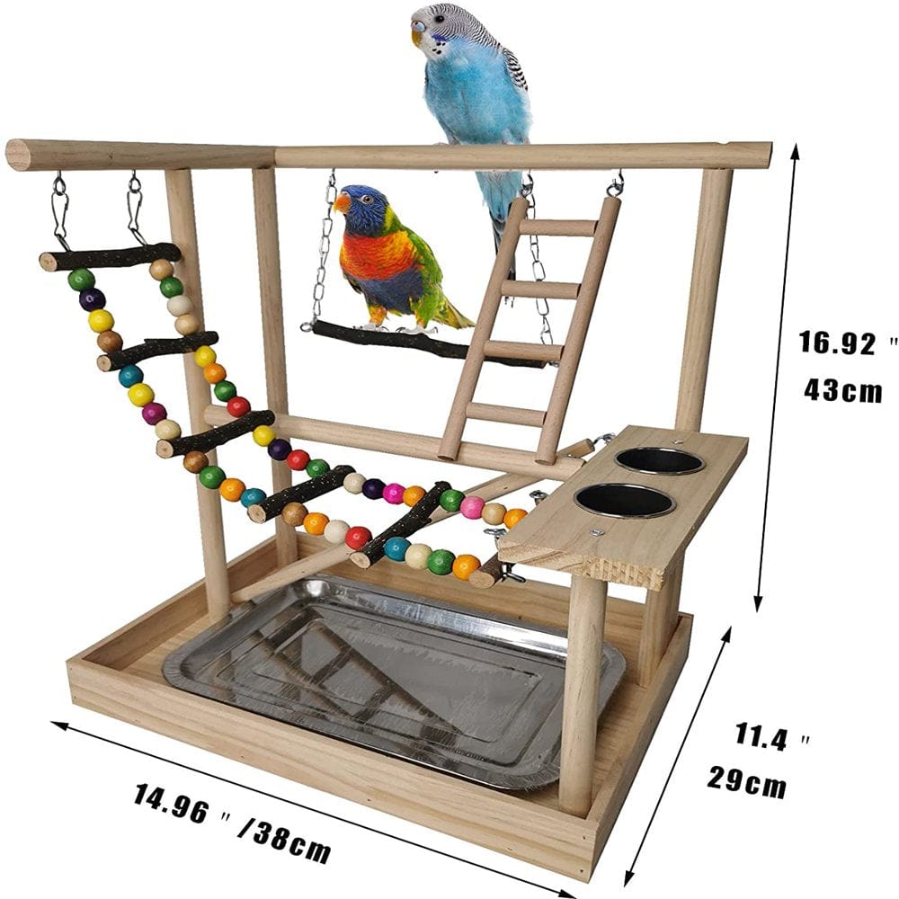 XCHENBI Parrots Playground, Bird Play Gym Wood Perch Stand Colours Climb Ladders Swing Chewing Toys with Parakeet Feeding Cups Exercise Activity Center for Conure Cockatiel Lovebirds(Include a Tray) Animals & Pet Supplies > Pet Supplies > Bird Supplies > Bird Gyms & Playstands XCHENBI   