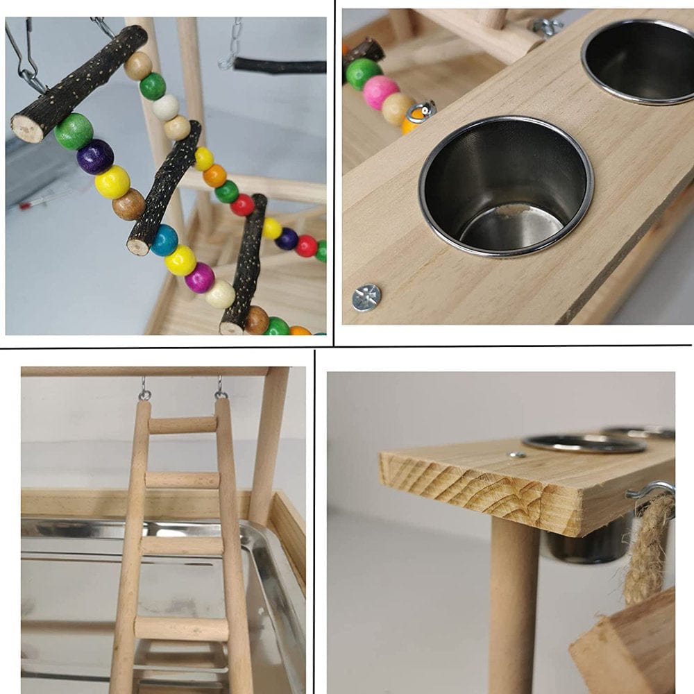 XCHENBI Parrots Playground, Bird Play Gym Wood Perch Stand Colours Climb Ladders Swing Chewing Toys with Parakeet Feeding Cups Exercise Activity Center for Conure Cockatiel Lovebirds(Include a Tray) Animals & Pet Supplies > Pet Supplies > Bird Supplies > Bird Gyms & Playstands XCHENBI   