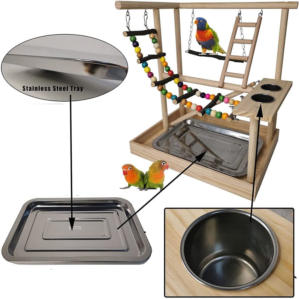 XCHENBI Parrots Playground, Bird Play Gym Wood Perch Stand Colours Climb Ladders Swing Chewing Toys with Parakeet Feeding Cups Exercise Activity Center for Conure Cockatiel Lovebirds(Include a Tray) Animals & Pet Supplies > Pet Supplies > Bird Supplies > Bird Gyms & Playstands XCHENBI   