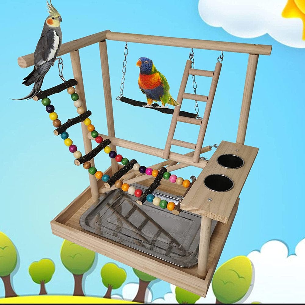 XCHENBI Parrots Playground, Bird Play Gym Wood Perch Stand Colours Climb Ladders Swing Chewing Toys with Parakeet Feeding Cups Exercise Activity Center for Conure Cockatiel Lovebirds(Include a Tray) Animals & Pet Supplies > Pet Supplies > Bird Supplies > Bird Gyms & Playstands XCHENBI   